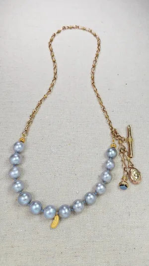 2IN1 - Antique 18K Yellow Rose Gold Two Tone Watch Chain with Key, Locket and Fob, Freshwater Pearl Feather Charm Bracelet Combo | Indulgems | Designs in Real Gold