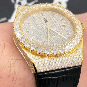 Crown Leather Iced Out Hip Hop Bling Bustdown Watch