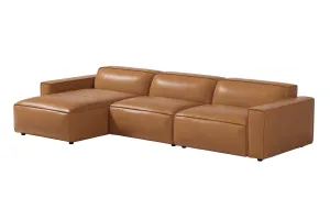 Valencia Nathan Full Aniline Leather Modular Sofa with Down Feather, Left Chaise, Caramel Brown Color